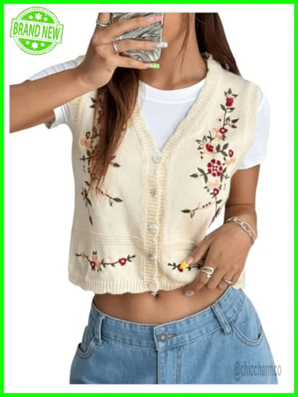 Women's Sleeveless Sweater Vest Floral Embroidered Knit Cardigan